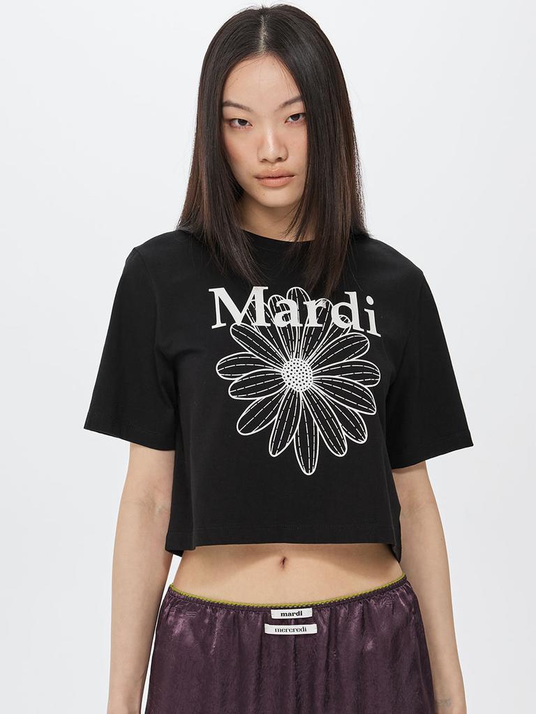[mardimercredi] CROPPED BASIC TSHIRT FLOWERMARDI_BLACK WHITE