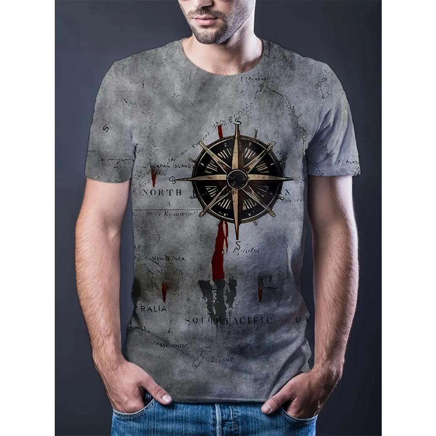 

Футболка с принтом «Компас» — круглая горловина, повседневный уличный стиль, дышащая, влагоотводящая, быстросохнущая, незаменимая вещь для мужчин на лето 4XL
