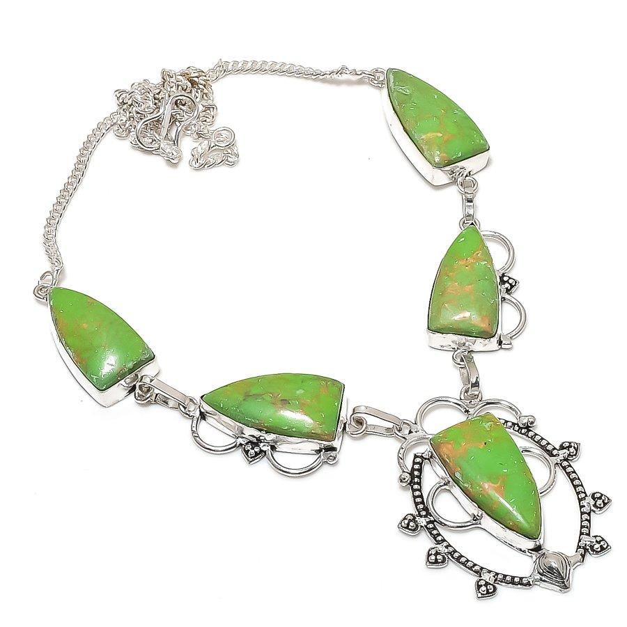 Natural Copper Green Turquoise 925 Sterling Silver Jewelry Necklace 18" p3O76