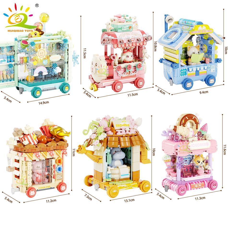 HUIQIBAO City Street View Series Cute Pet Wish Train Shop Mini MOC Model Building Block Micro Set Creative Store Bricks Toys Kid