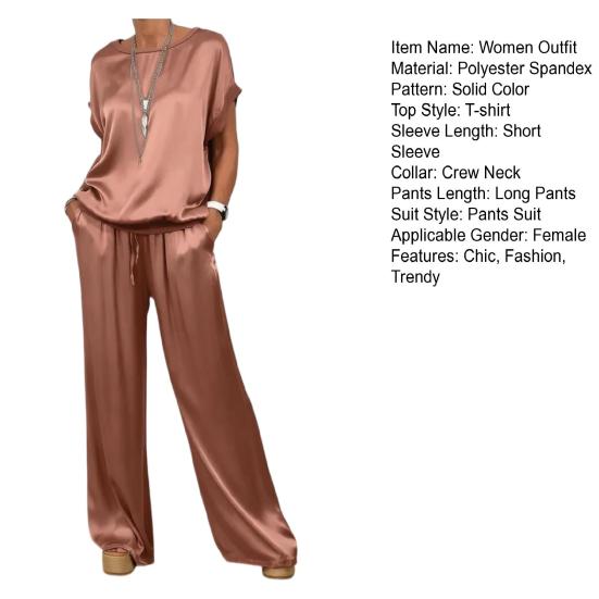Women Summer Satin Lounge Sets Short Sleeve Crew Neck Top And Wide Leg Pants Set Casual Vacation 2 Piece Outfits