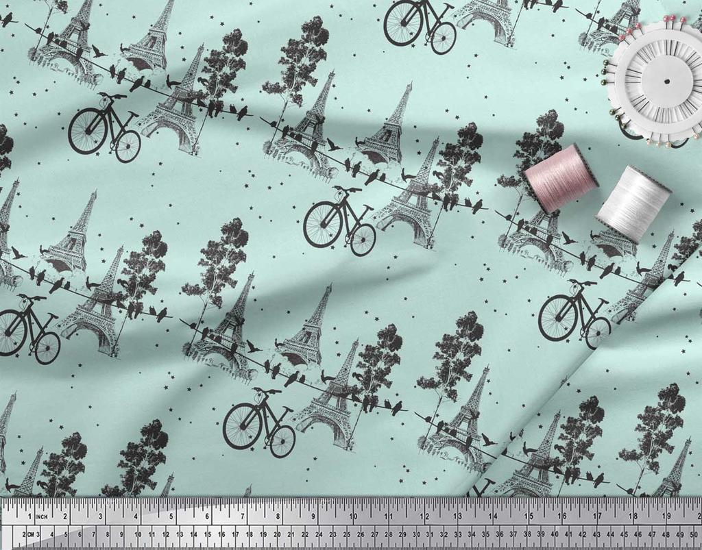 Soimoi Green Japan Crepe Satin Fabric Bicycle & Eiffel Tower Architectural Fabric Prints By Metre 42 Inch