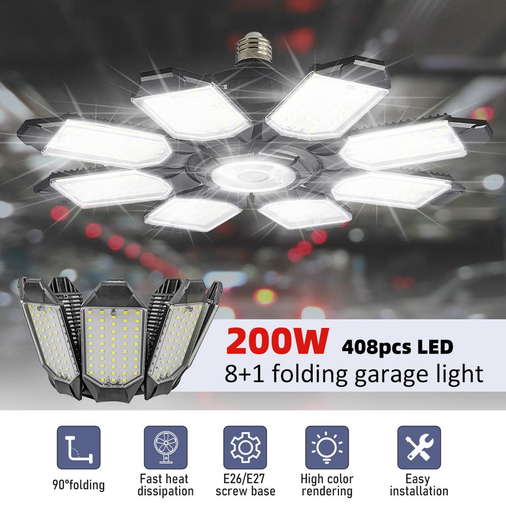 200W Powerful Garage Light LED Foldable LED Bulbs E27 Adjustable Multi Panel Ceiling Lamp For Workshop Warehouse Lighting