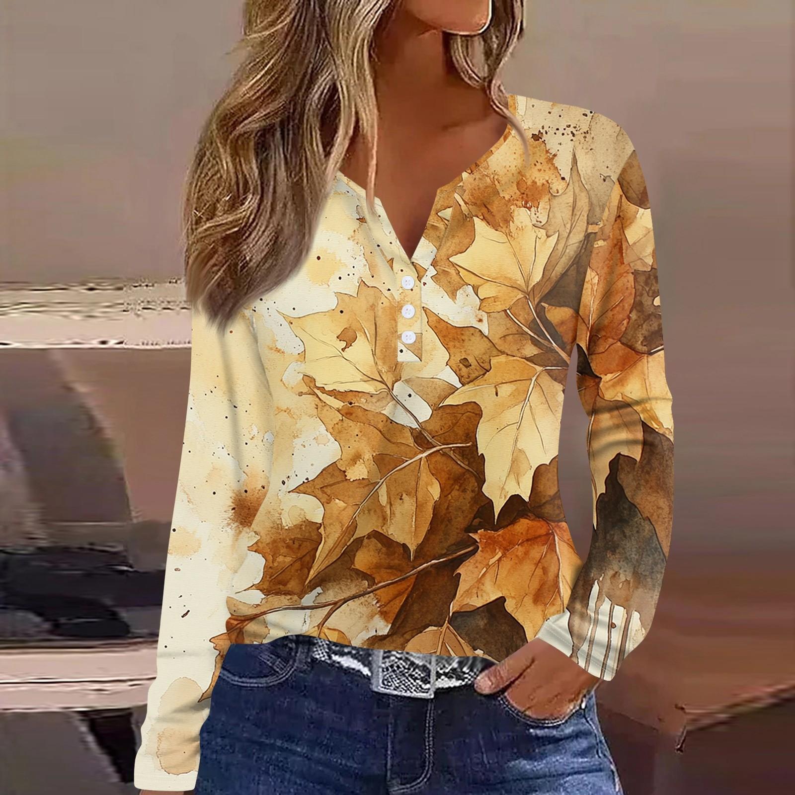 

Жен. Футболка Футболка С принтом Пуговицы Длинный рукав Повседневные Выходные Мода Классический V-образный вырез Обычный Верх XXXL оранжевый