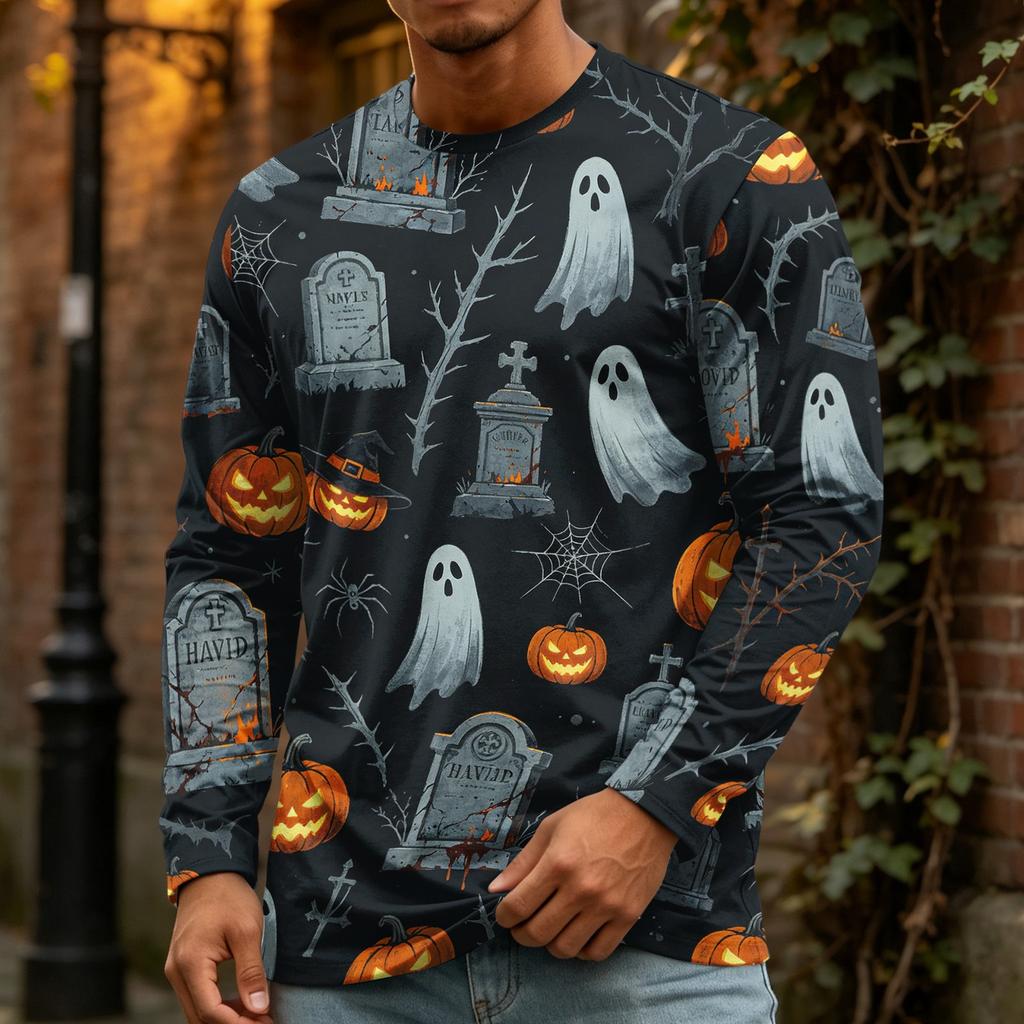 Men's Halloween Print Crewneck Long Sleeve T-Shirt for Casual Wear