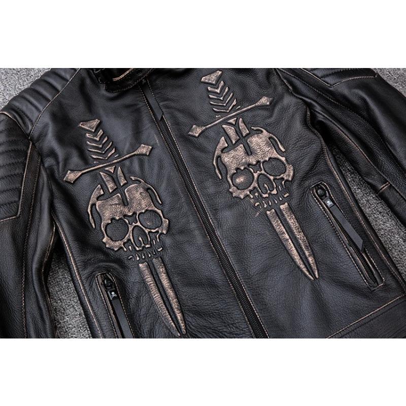 Kurtka motocyklowa Vintage w rozmiarze chińskim Czaszka 100% skóra bydlęca Slim Fit męska skórzana kurtka Zniszczona kurtka motocyklowa zimowa M203