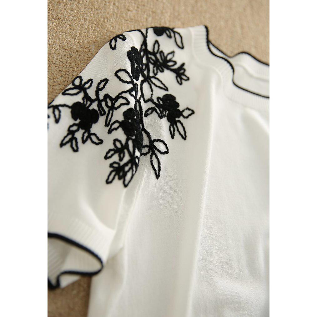 Luxury Women's Ice Silk Knitted Tops with Embroidery Detailing