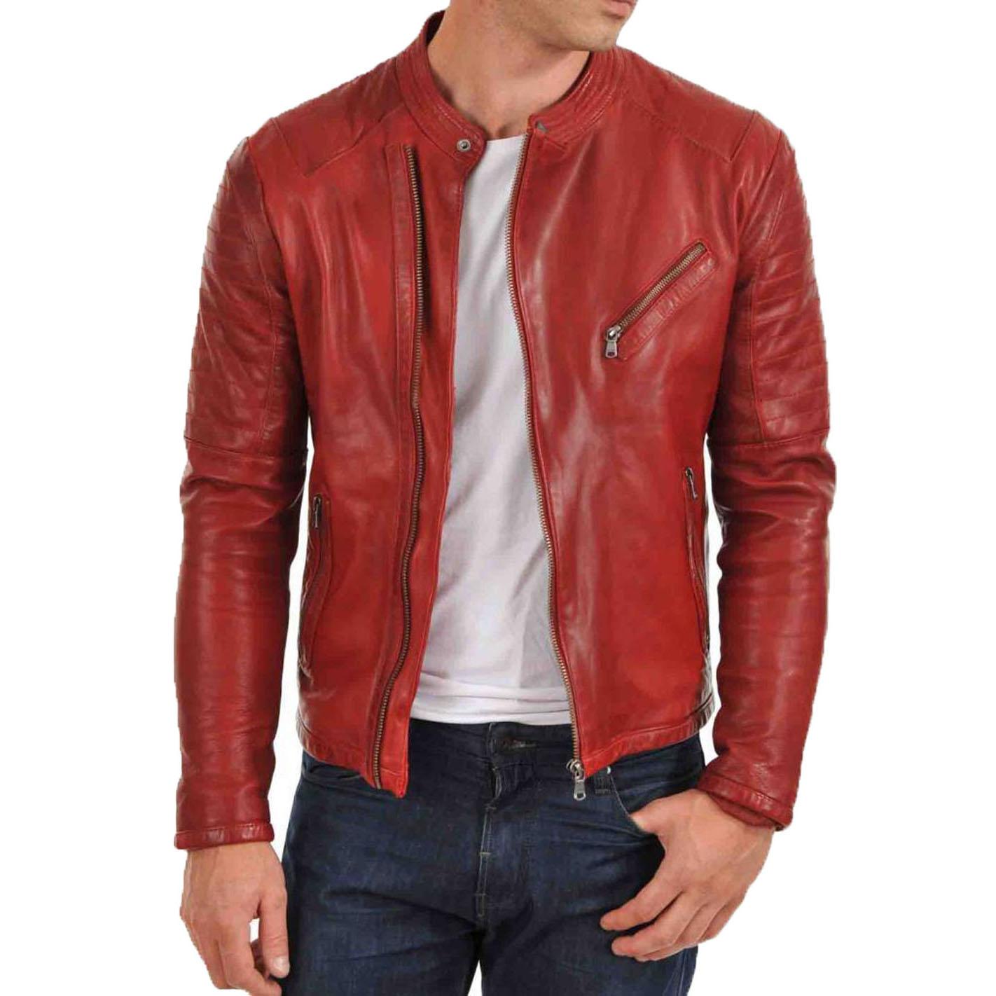

SkinOutfit Men s Genuine Lambskin Red Leather Jacket Stylish Motorcycle Bomber Biker Outerwear MJ 17 3XL червоний