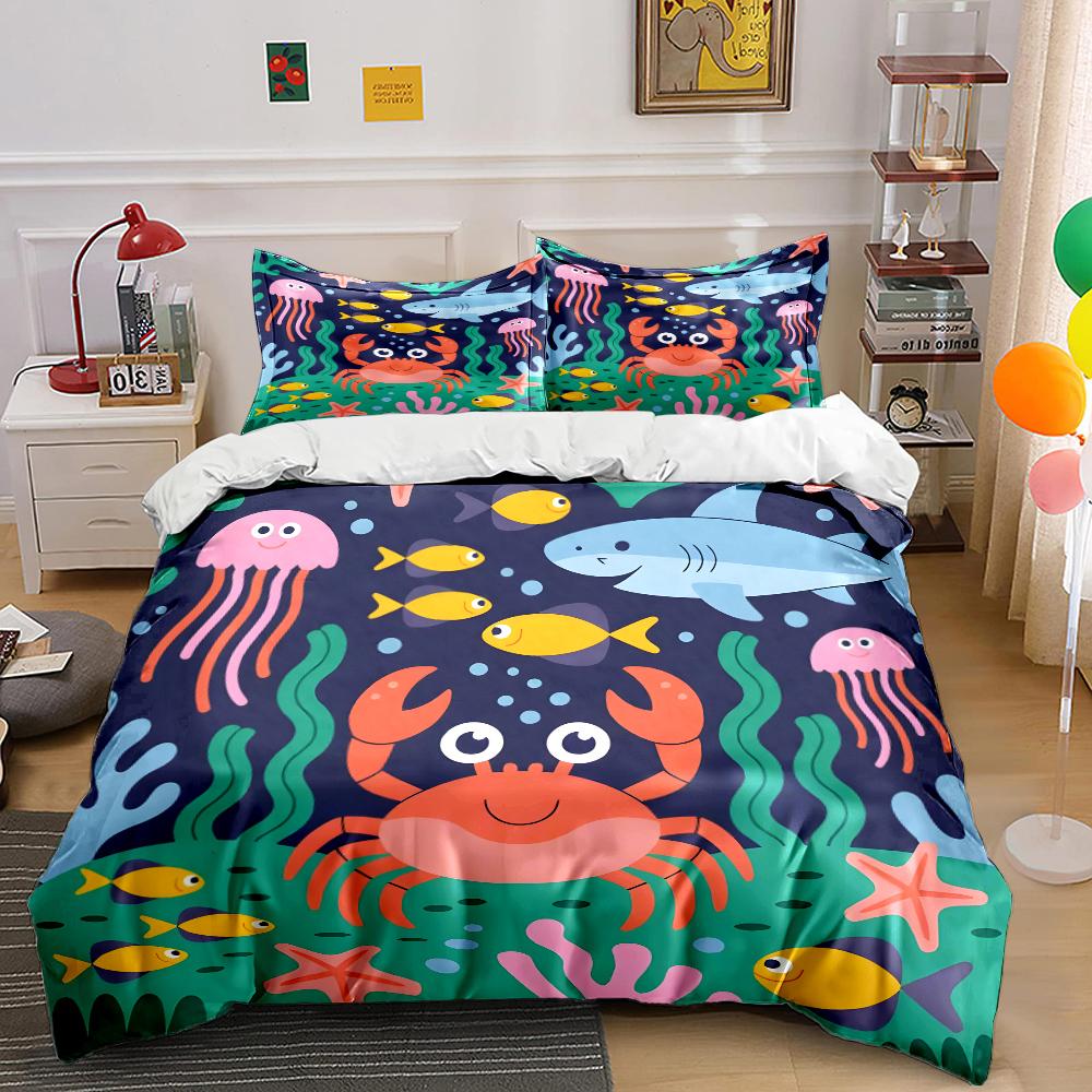 Cartoon Underwater World Bedding Set For Kids Luxury Gift 3Pcs Digital Print Comforter Set Soft Comfortable Breathable