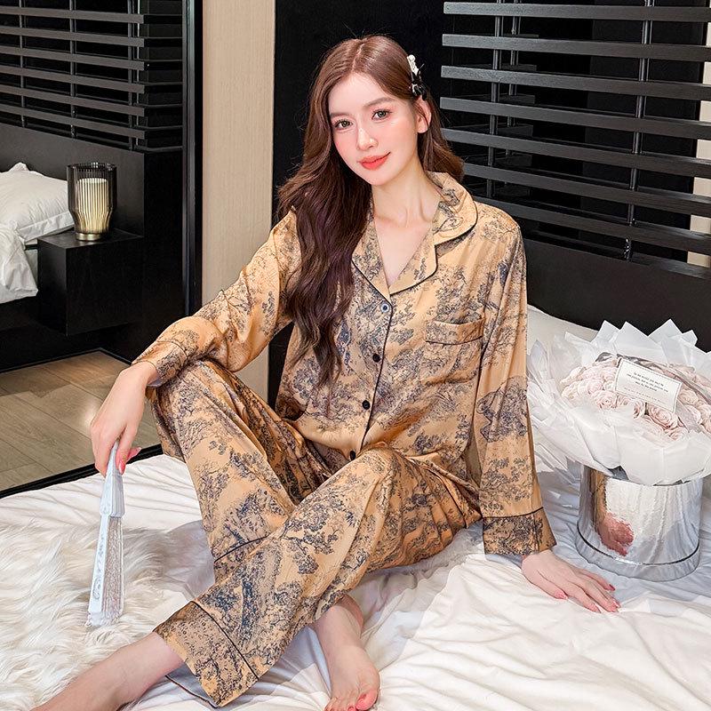 2025 Summer Chinese Ink Style Ice Silk Long Sleeve Pajamas for Women - Elegant Spring/Autumn Wear