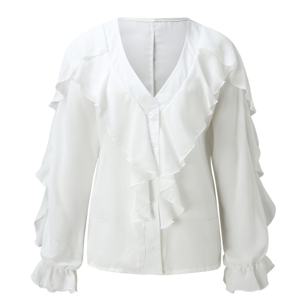 VEZFAA Women's Fashion Casual Spring Autumn Solid Color Print Long Sleeve V-Neck Blouses & Shirts