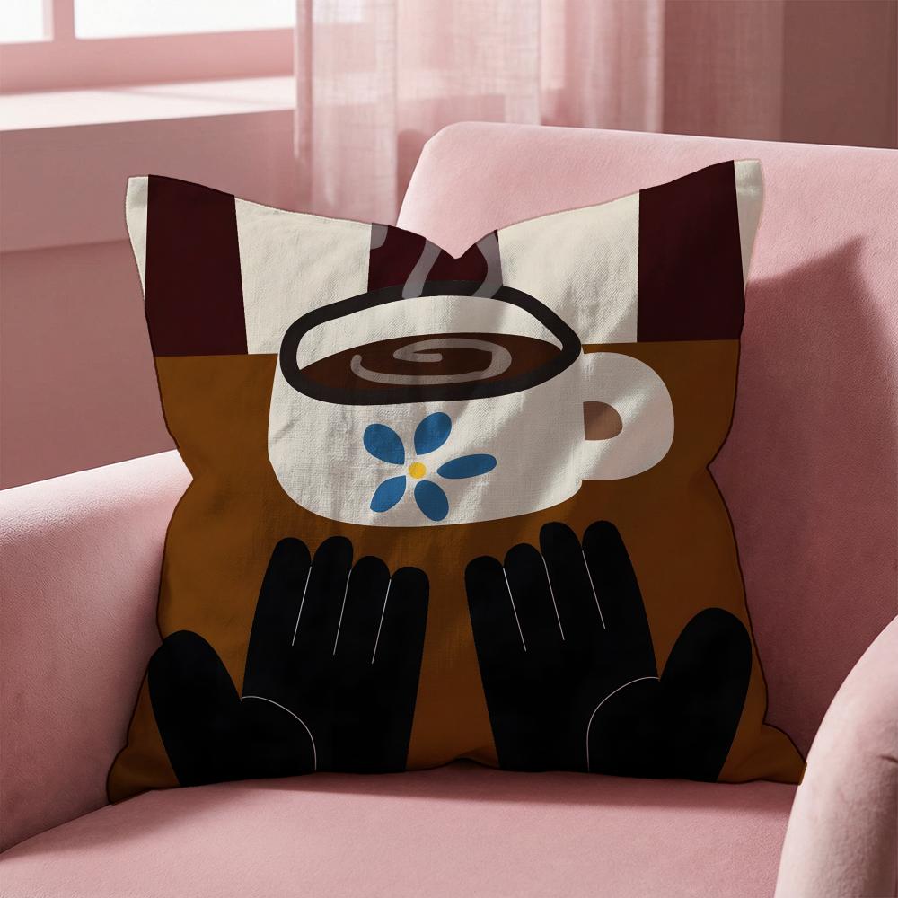 Creative Coffee Illustration Cushion Cover Multi-Scene Pillow Cover for Home & Car - Reversible, Soft & Durable for Daily Use