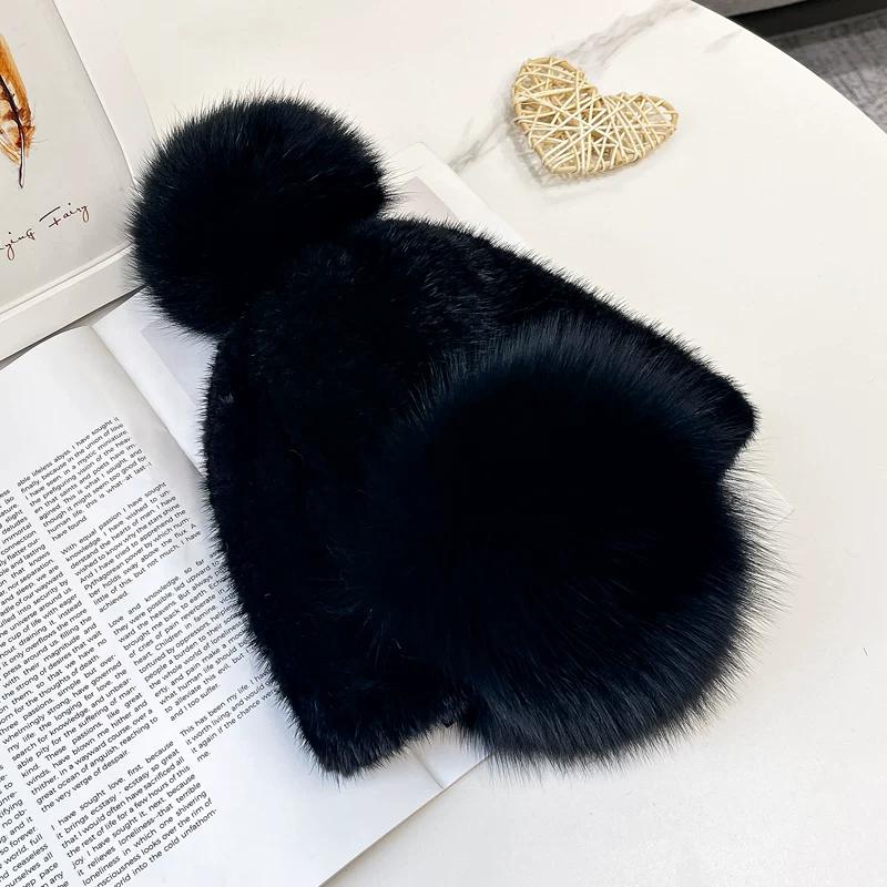 

Double-sided Mink Hair Elastic Ear Protection Hat Female Winter Cute Sweet Warm Ear Protection Whole Fur Fox Fur Hat One size чорний