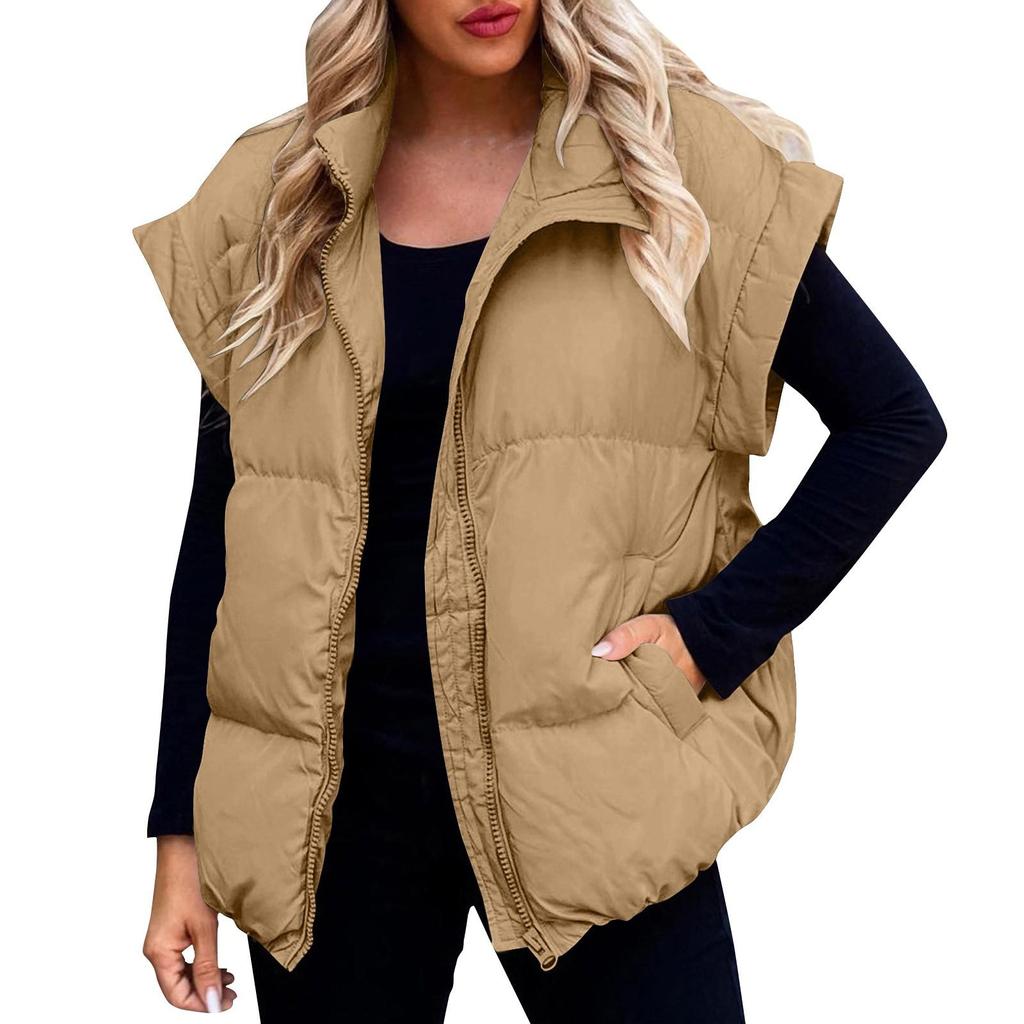 Women's Casual Winter Vest Stand Collar Sleeveless Puffy Jackets Coat With Pockets Winter
