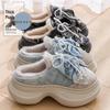 Women's Thick-Soled High-Heeled Bow Cotton Slippers - Winter 2025 Non-Slip, Height-Boosting, Warm PU Slippers