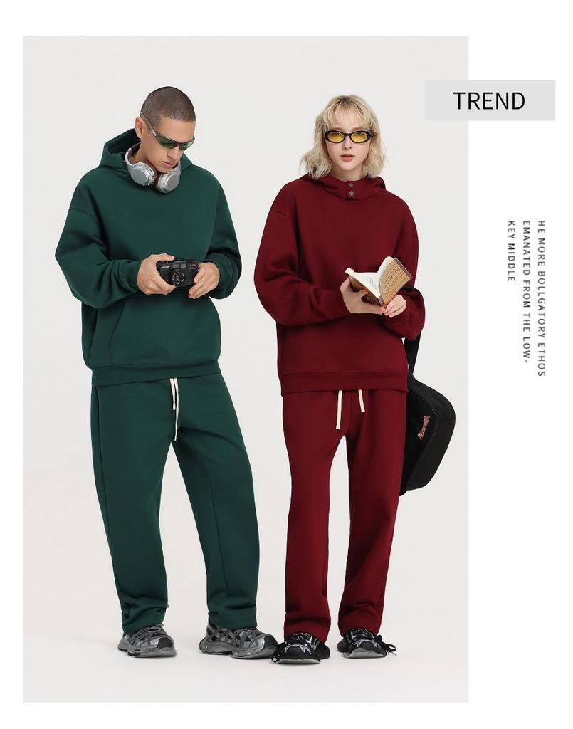 2025 Autumn/Winter Fleece-Lined Hooded Sweatshirt & Pants Set – Men's Trendy European/American Basic, Solid Color, 510g.