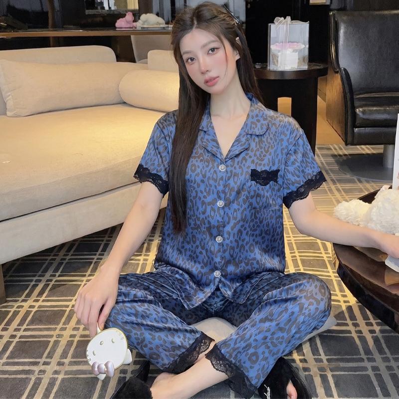 French Style Fashion Pajamas for Women, Short-Sleeve and Long Pants, Summer Thin Leopard Print Ice Silk Homewear Summer Set