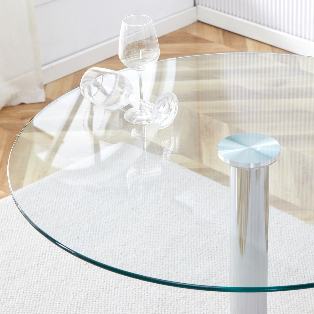 Mesa de Barra de Cristal Minimalista Moderna: Con un diámetro de 89 cm y una altura de 92 cm, es la elección para una estructura de lujo ligero.