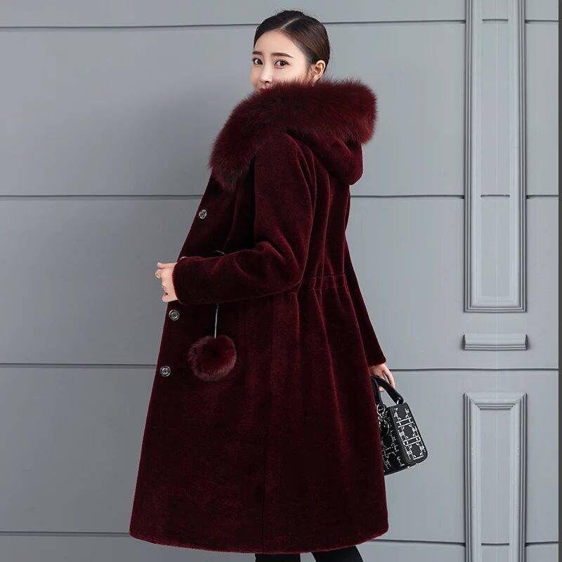 Sheep shearing coat women's long new waist thickened hooded imitation fox fur collar imitation fur coat