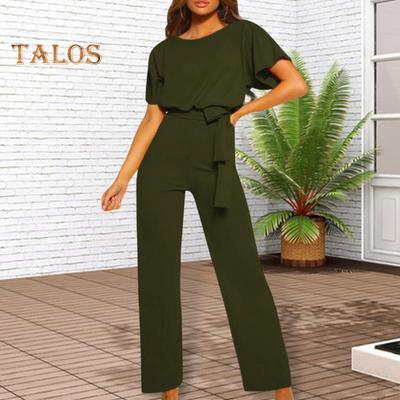 Jumpsuit für Damen mit Schnürgürtel, weites Bein, kurze Ärmel, reine Farbe, Rundhalsausschnitt, hohe Taille, lässiges, formelles langes Strampler-Outfit