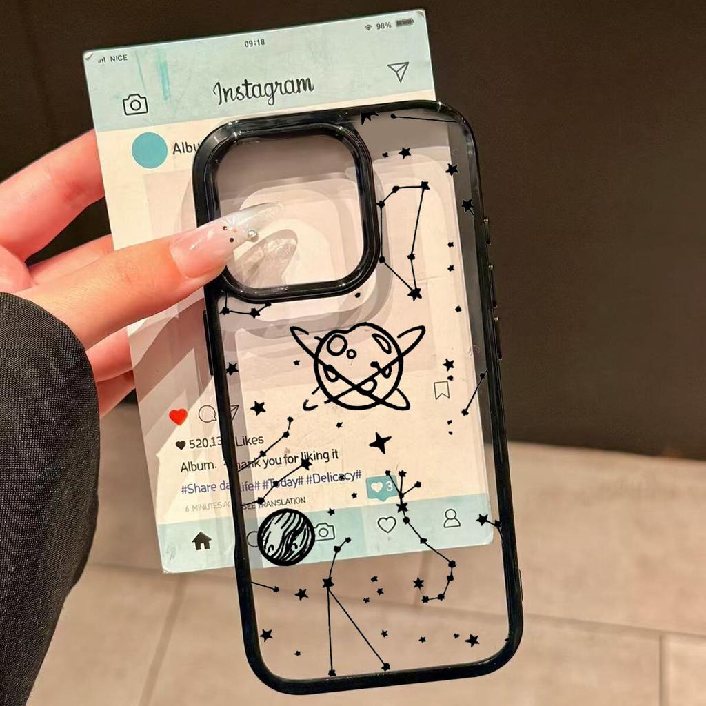 Cartoon Space Planet Phone Case For iPhone 16 15 17 14 13 12Mini 11 Pro Max XS XR 7 8Plus INS Shockproof Clear Hard Cover Coque