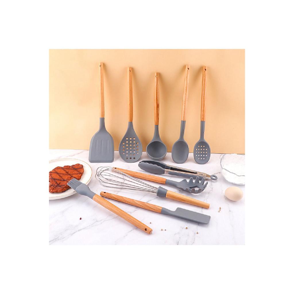 Matis Heat Resistant Silicone Fireproof Non-stick 11 Piece Serving Set With Stand Gray