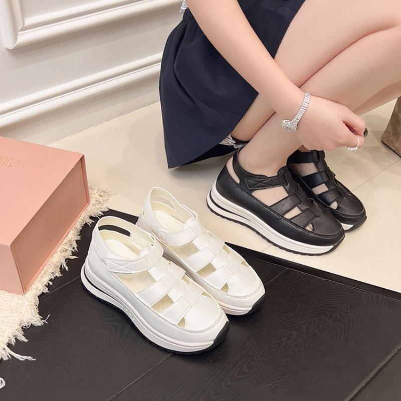 Large Size Hollow Slope Heel Sandals Women's New Velcro Little White Shoes Inner Height Increase Bag Head Sports Sandals