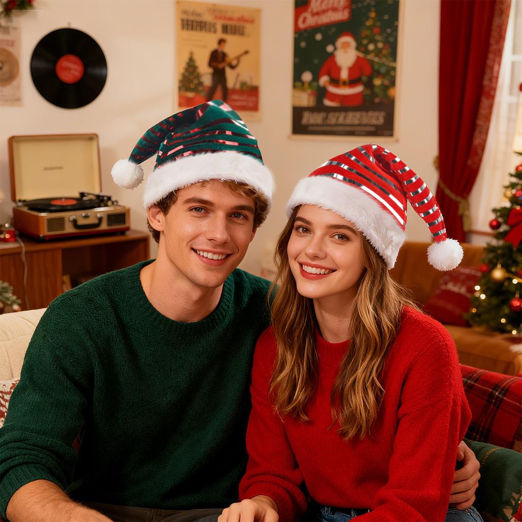 Christmas Santa Hat Plush Sequin Santa Hat For Adult Green And Red Striped Santa Hat Christmas Cosplay Carnival Photo Prop