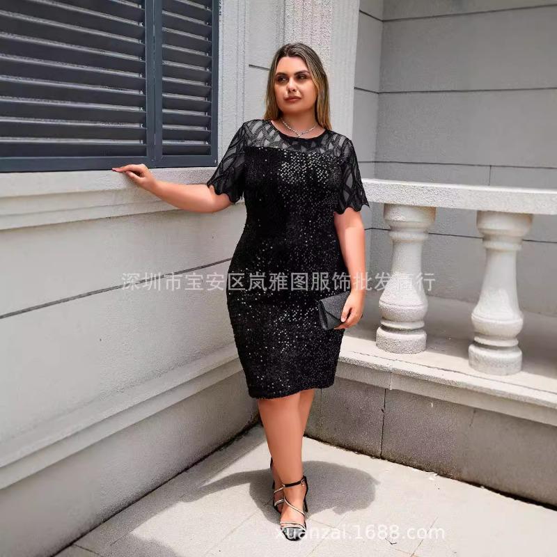 Women Plus Size Sequin Lace Short Sleeve Bodycon Midi Casual Dress