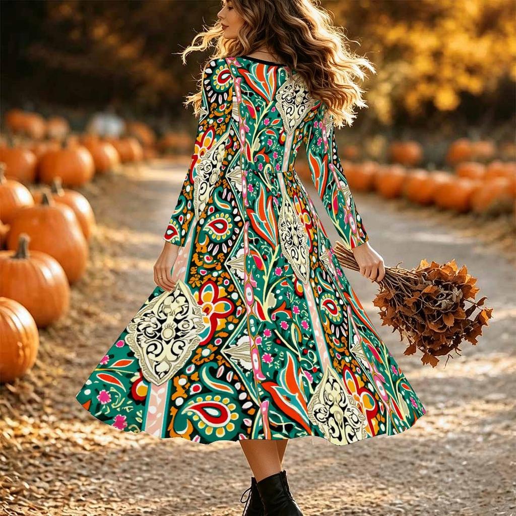 Halloween Women's Flower Print Midi Dress A Line Dress Vacation Casual Daily Regular Fit Long Sleeve V Neck Black Spring Fall