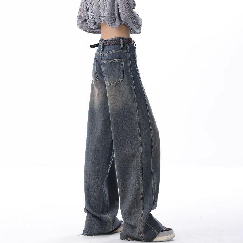 Vintage Blue Jeans Women's New Wash Nostalgic Raw Edge Design Drape Wide-leg Trousers Pants