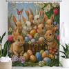 Cute Bunny Shower Curtain, Floral Colorful Eggs Wooden Plank Bowknot Bathroom Decorative Curtain, Waterproof Shower Curtain