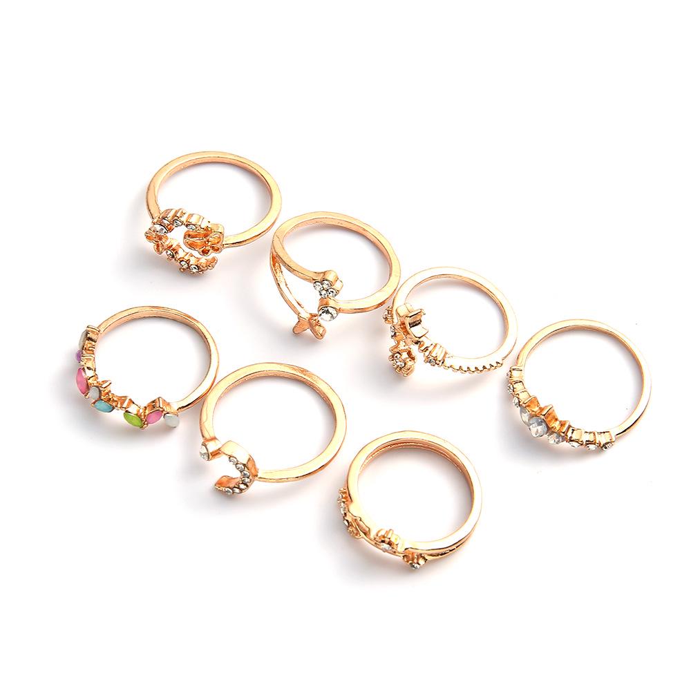 European-American Minimalist Butterfly & Flower Inlaid Diamond Ring Set with Colorful Moon, Star, and Pentagram - 7 Pieces