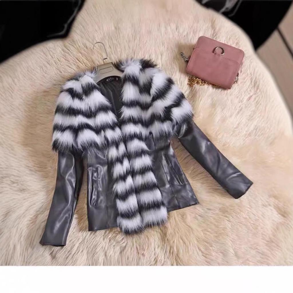 Two-Piece Striped Faux Fox Fur Leather Coat