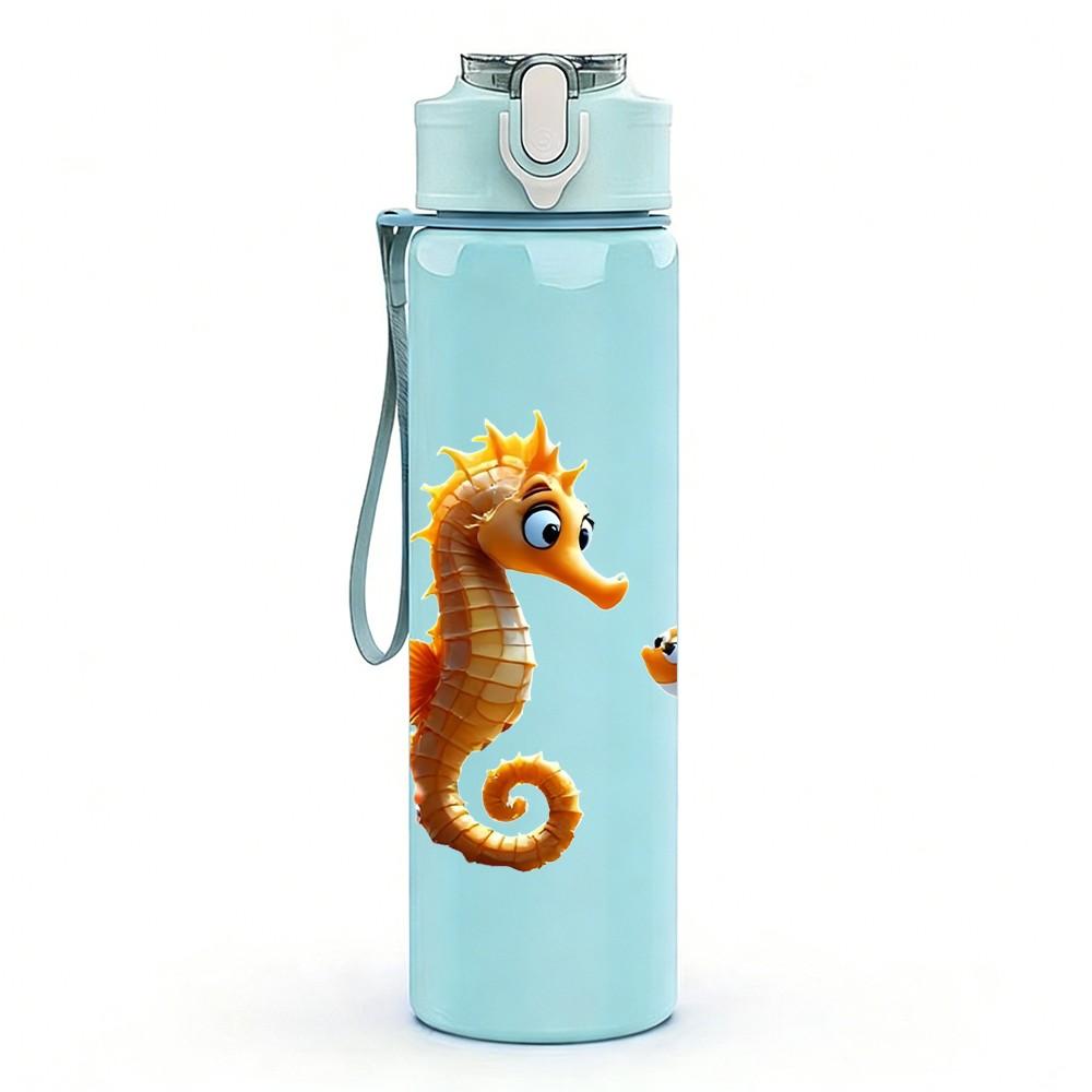 1PC Seahorse Marine Ocean Animal Print 750ml Color Plastic Sports Water Bottle Leakproof Flip Straw Lid Suitable for Sports Office Home Use