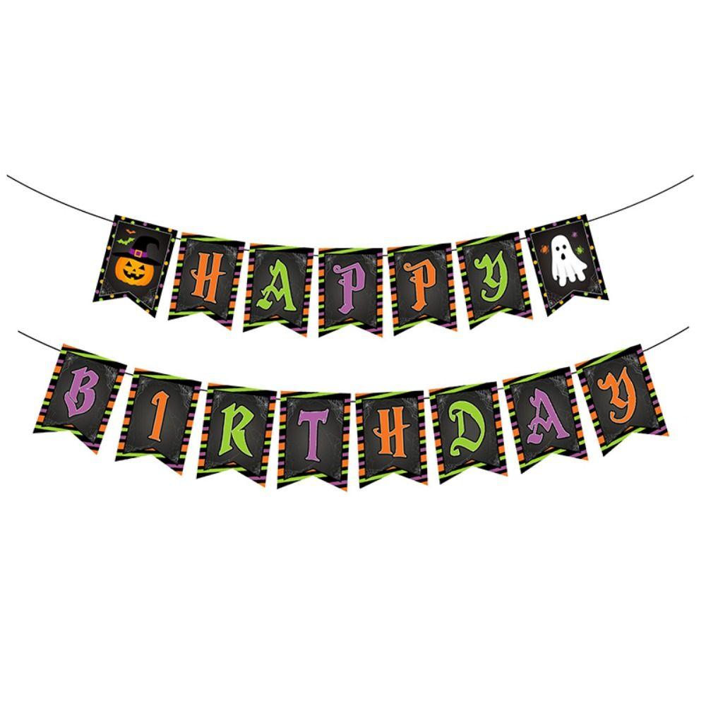 2025 Cartoon Halloween Pattern Banner Paper with Pumpkin Ghost Happy Birthday Banner Halloween Birthday Decorations Boys Girls