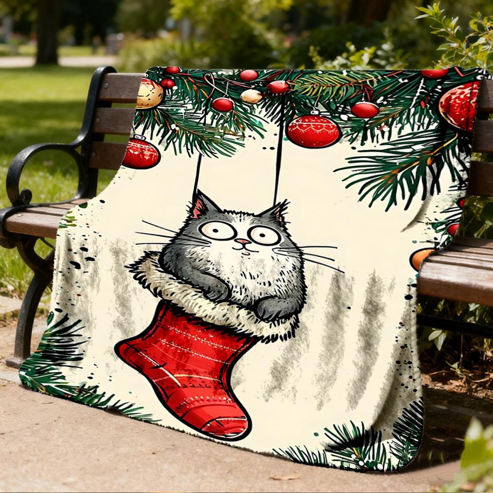 1pc Christmas Stocking Cat Outdoor Soft Polyester Flannel Throw Blanket Versatile for All Seasons , Soft , Cozy , Warm All Season Quilted Throw ,