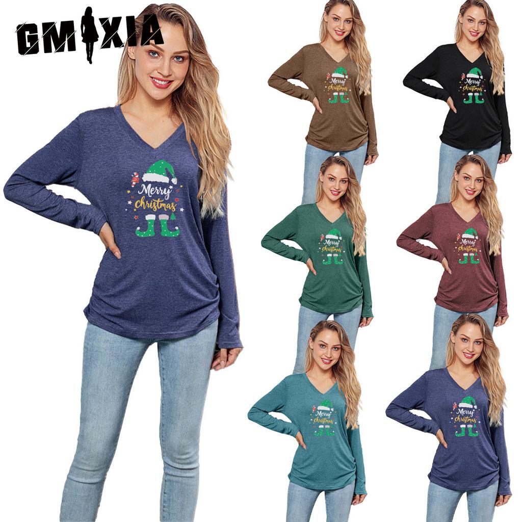 GMXIA Christmas Solid-color Element Print Casual Loose V-neck Top Long-sleeved Women's T-shirt