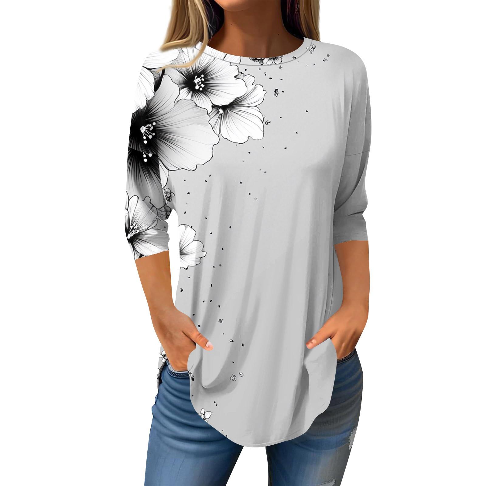 

3/4 Sleeve Shirts For Women Cute Tops Graphic Tees Blouses Casual Plus Size Basic Tops Pullover L