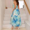 Summer New Style Fresh Beachwear Long Dress with Floral Print, Wide Skirt, Fitted Waist and Halter Neckline.