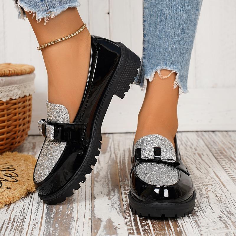 Patchwork Bling Silvery Flat with Woman 3.5cm Heel Shoes Sewing Design Slip on Ladies Shoes Black Round Toe Casual Shoes