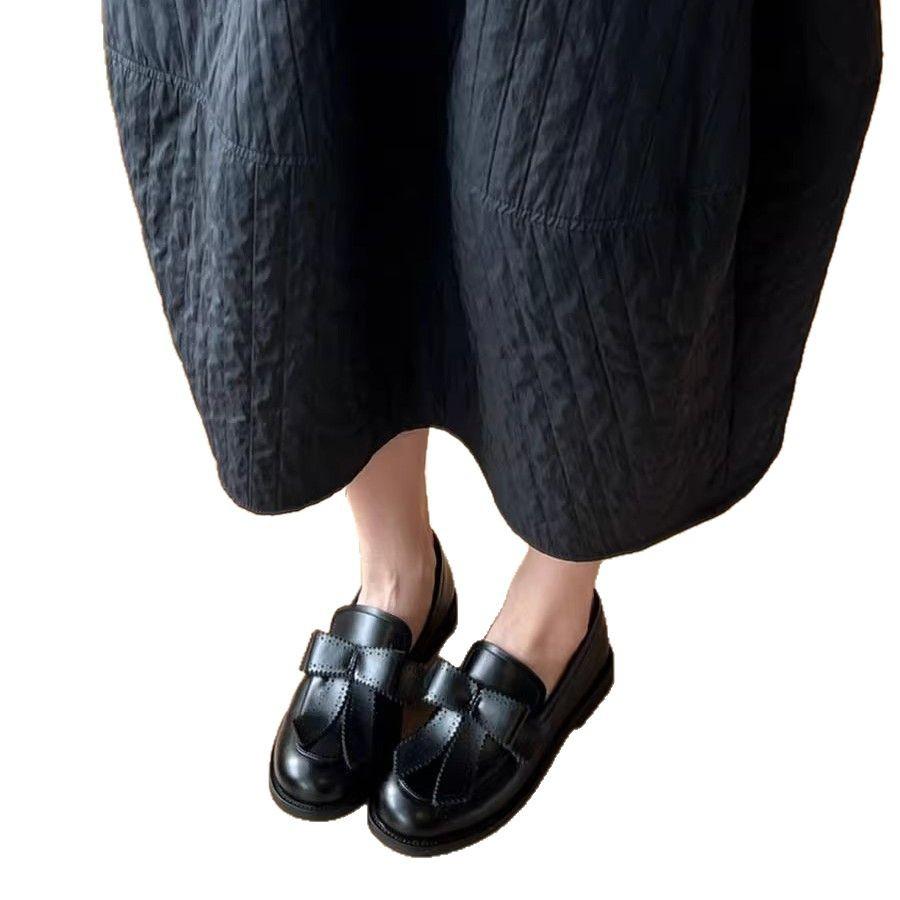 Cowhide version~ Round head bow British style loafers one pedal retro college single shoes low heel small leather shoes women