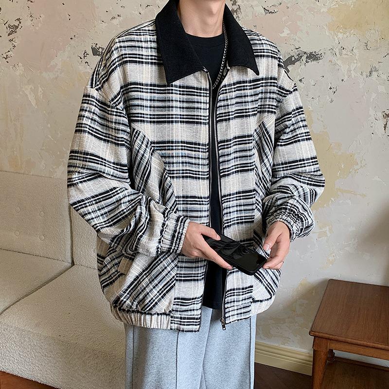 

Men s Black & White Plaid Retro Street Casual Jacket - Autumn/Winter Zipper Lapel Outerwear XXL абрикосовий
