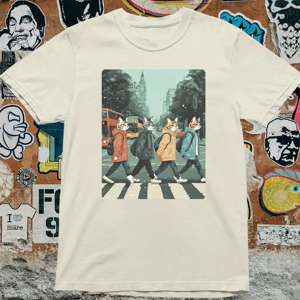 Abbey Road Cat Band Tee Funny Music Parody Tee Graphic T Shirts Retro Streetwear High-quality Crew-neck Short-sleeved Men's T
