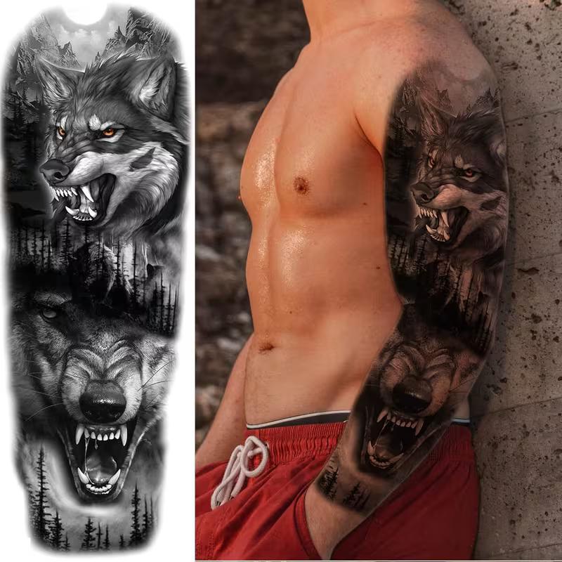 Lion & Wolf Tribal Temporary Tattoo Sleeve - 4 Sheets, Large Full Arm Fake Tattoos for Men & Women, Long-Lasting Black Body Art Stickers