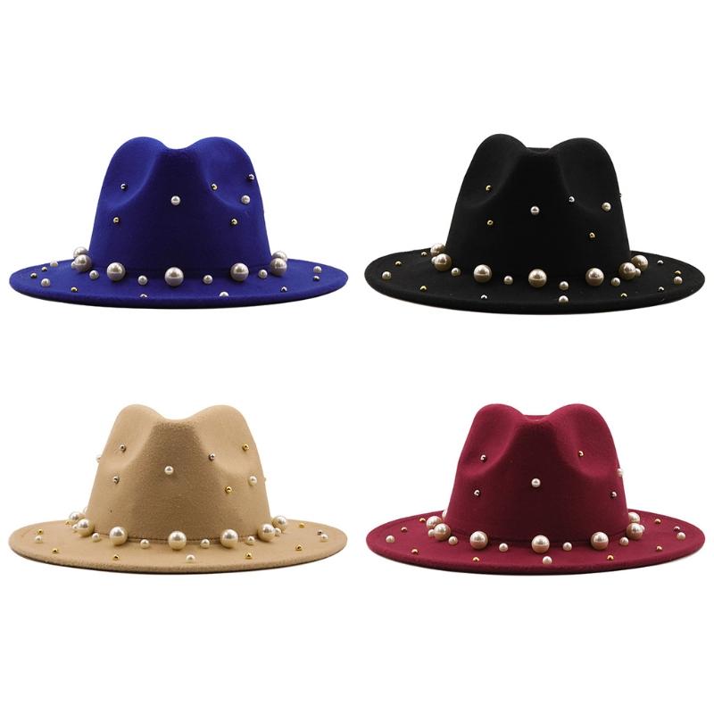 Fashion Classic Fedora Wool Big Brim Pearl Jazz Top Hat Church Hat Adult Dancer Costume Accessory Prop for Women and Men