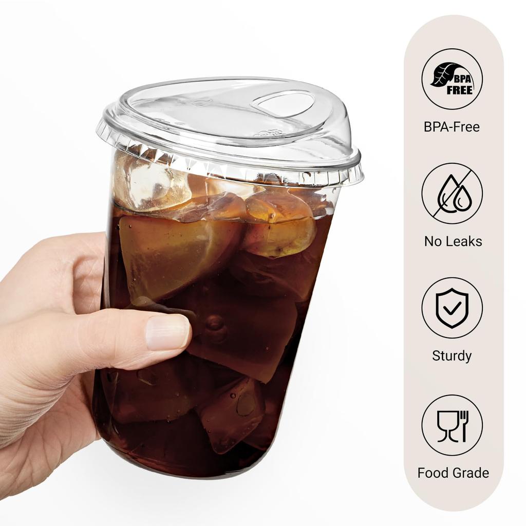 16 Oz Clear Plastic Cups with Strawless Sip Lids - 50 Pack Disposable PET Iced Coffee Cups Sturdy Round Bottom To-Go Drink Cups for Smoothies Juices
