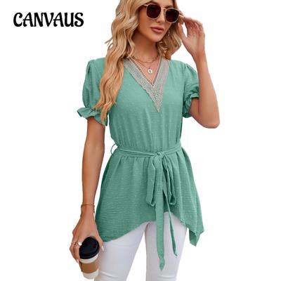 Summer Women's T-shirt Long Solid Color V-neck Lace Patchwork Loose Short Sleeve Top