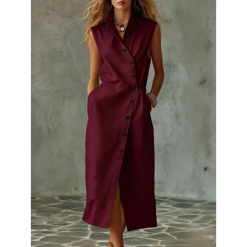 QICED Fashion Summer Spring Solid Color Print Sleeveless Casual Dresses