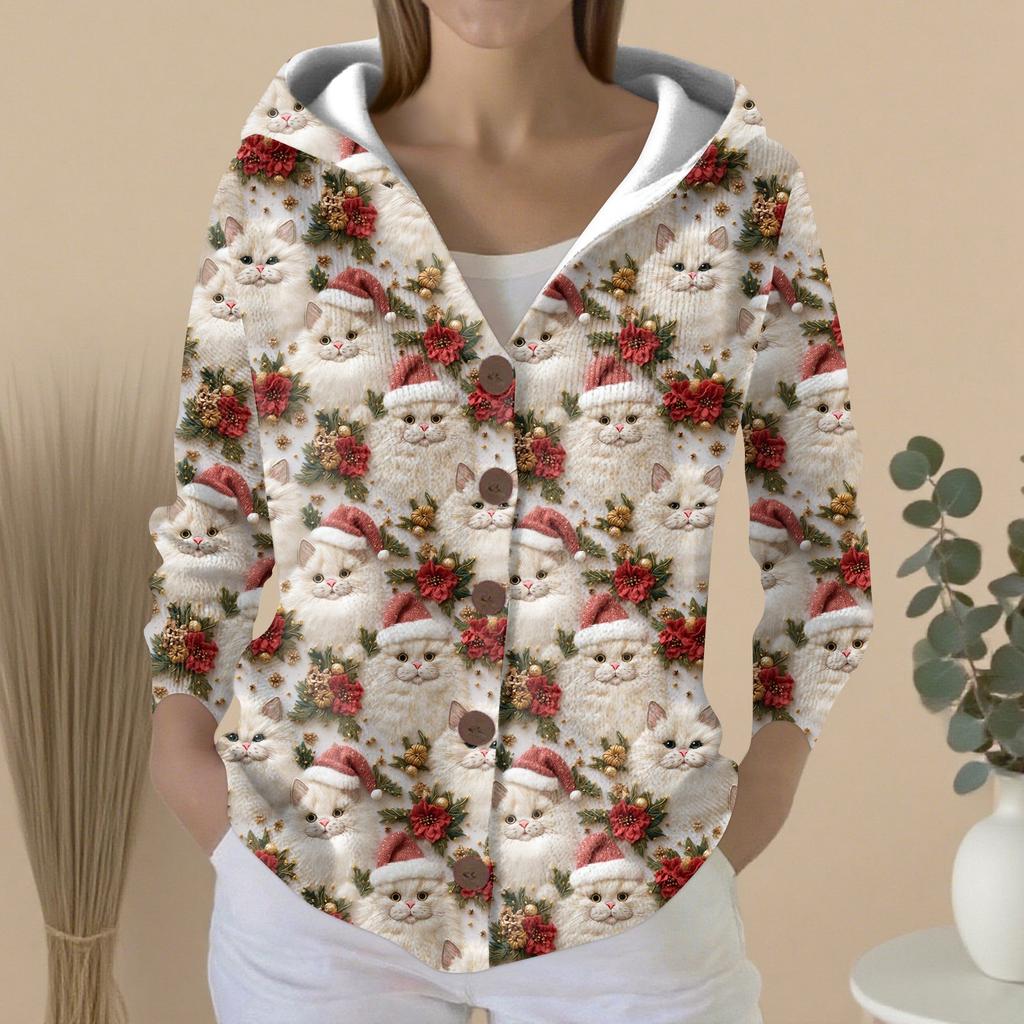 Women's Fashion Casual Sweater Button-Up Print Cardigan  Hooded Jacket